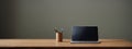 Wood office desk table with laptop computer, cup of coffee and supplies. Top view with copy space, flat lay. Royalty Free Stock Photo