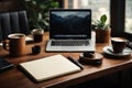 Wood office desk table with laptop computer, cup of coffee and supplies. Top view with copy space, flat lay. Royalty Free Stock Photo