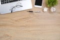 Wood office desk table with laptop computer and supplies. Top view with copy space, flat lay Royalty Free Stock Photo
