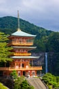 wood pagoda in front of nachi falls Royalty Free Stock Photo