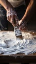 Wood painting concept: Male hand applies white paint, capturing creative process up-close.