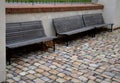 Wood-paneled benches by a bright plaster wall in a park sunk with leaves and creepers other clean and tidy around. cubes paving gr