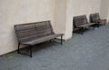 Wood-paneled benches by a bright plaster wall in a park sunk with leaves and creepers other clean and tidy around. cubes paving gr