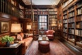wood-paneled library filled with classic books, oversized armchair, and private study room