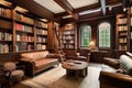 wood-paneled library filled with classic books, oversized armchair, and private study room