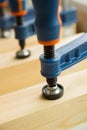 Wood pasting by clamps in a joiner's workshop Royalty Free Stock Photo