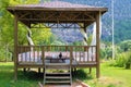 Wood pavillon. Wood pergola and forest. Royalty Free Stock Photo