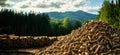 Wood pellets stacked in a forested area with mountains in the background, copy space for text Royalty Free Stock Photo