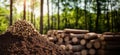 Wood pellets stacked on soil with logs in background under sunlight in forest setting, copy space for text Royalty Free Stock Photo