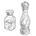 Wood pepper mill. vintage hatching illustration. Isolated on white Royalty Free Stock Photo