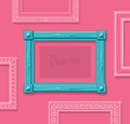 Wood picture frame flat vector. Stylish blue photo frame on pink wall. Painting frame set. Template.