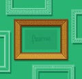 Wood picture frame flat vector. Stylish gold photo frame on green wall. Painting frame set. Template. Royalty Free Stock Photo