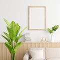 Wood picture frame mockup in white living room, 3D rendering