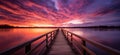 Jetty pier deck. sunset lake. purple and orange sky.
