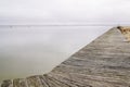 Wood pier long pontoon jetty on water Sanguinet lake in landes France