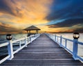 Wood piers and sea scene with dusky sky use for natural background ,backdrop Royalty Free Stock Photo