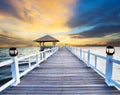 Wood piers and sea scene with dusky sky use for natural background ,backdrop Royalty Free Stock Photo