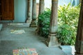 Wood pillar along walkway pathway in building Royalty Free Stock Photo