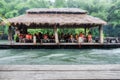 Wood plank gray on blurred scene tourist floating raft green jun