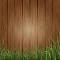 Wood planks and green grass background