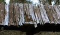 Wood planks texture dark background or wallpaper. overlap wooden wall horizontally have damage of old. Dark brown rustic aged barn Royalty Free Stock Photo