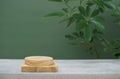 Wood podium on concrete table top floor tropical plant with blurred dark green background.Healthy natural product placement Royalty Free Stock Photo