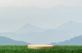 Wood podium table top on fresh green grass with outdoor mountains scene nature landscape at sunrise blur background.Natural beauty Royalty Free Stock Photo