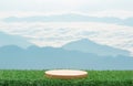 Wood podium table top on fresh green grass with outdoor mountains scene nature landscape at sunrise blur background.Natural beauty Royalty Free Stock Photo