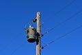 Wood pole, wires, insulator, and a transformer