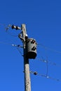 Wood pole, wires, insulator, and a transformer