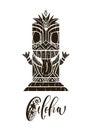 Wood Polynesian Tiki idol, god statue carving. Aloha handwriting lettering.