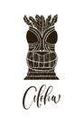 Wood Polynesian Tiki idol, god statue carving. Aloha handwriting lettering.