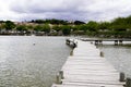 Wood pontoon lake of Peyriac de-Mer France across the water