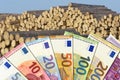 Wood price - Euro bills with a pile of wood in the background Royalty Free Stock Photo