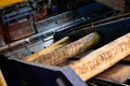 Wood processing at a sawmill. Preparation of a log for the production of plywood and veneer, sawing and cleaning of blanks in a Royalty Free Stock Photo