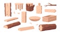 Wood products. Cartoon wooden lumber. Plank and stump. Carpentry industry woodwork collection of forestry materials. Box and stool