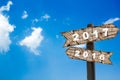 Wood road sign new year with blue sky Royalty Free Stock Photo