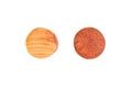 Wood round pieces on isolated background. Light and dark wooden circles as concept of kids development toy, construction or