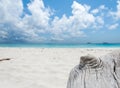Wood in sand with sea Royalty Free Stock Photo