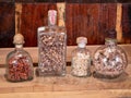 Wood Shavings in Bottles; padauk, walnut and cherry, beech, walnut