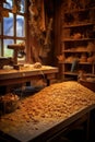 wood shavings and sawdust on a carpenters workbench Royalty Free Stock Photo