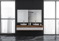 Wood shelf vanity in grey shower room with floor to ceiling windows Royalty Free Stock Photo