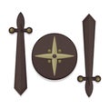 Wood shield and sword design icon in flat style. Vector modern illustration