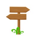 Wood signpost, pointing with direction in cartoon style isolated on white background. Wild west, ui assets design. Empty plank,