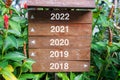Wood Signpost with Years of 2022, 2021, 2020, 2019 and 2018, Direction sign for choose the future. Resolution, strategy, plan, Royalty Free Stock Photo