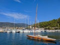 Wood sloop sail boat in harbor Royalty Free Stock Photo