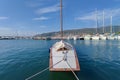 Wood sloop sail boat in harbor Royalty Free Stock Photo