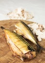 Wood smoked mackerel. Homemade smoked fish.