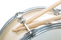 Wood snare drum and drumsticks isolated Royalty Free Stock Photo