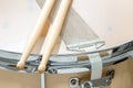 Wood snare drum and drumsticks isolated